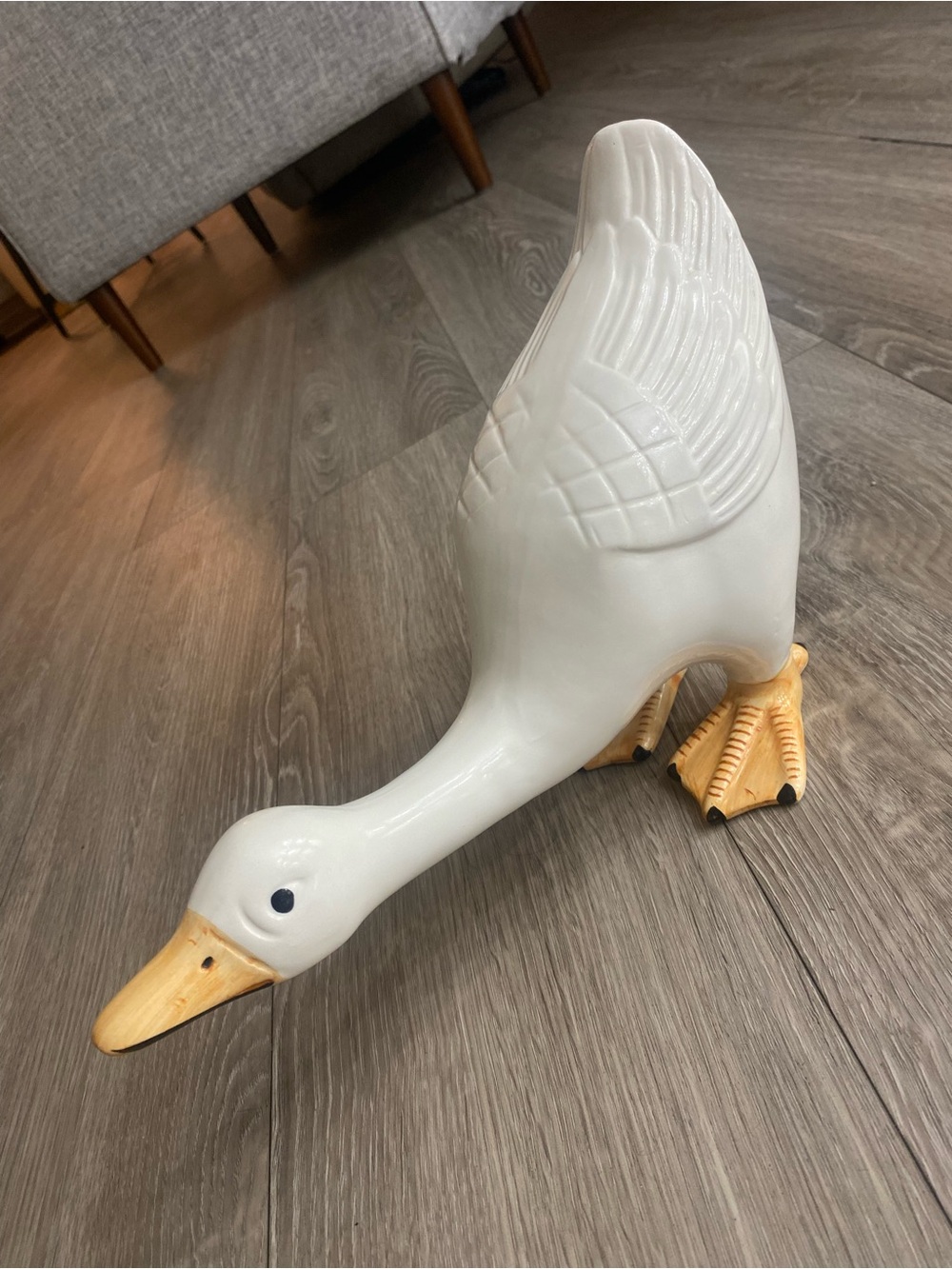 White Ceramic Goose Figurine with Yellow Beak and Feet Cottage Core